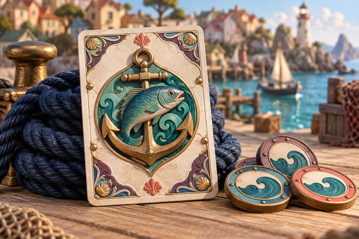 Decorative catch card showing a teal fish beside a brass anchor and round tokens