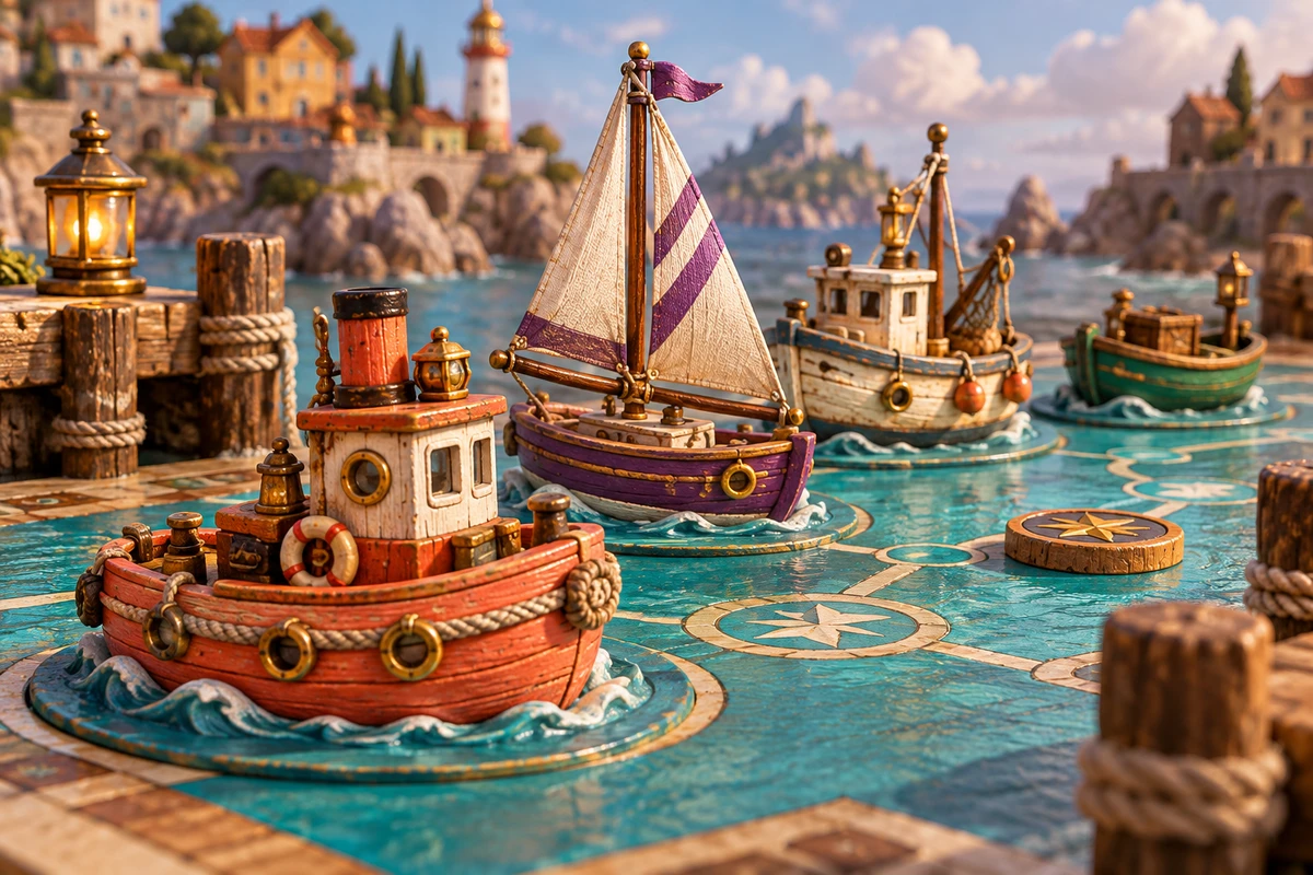 Four distinct toy boats arranged diagonally across a detailed harbour game board