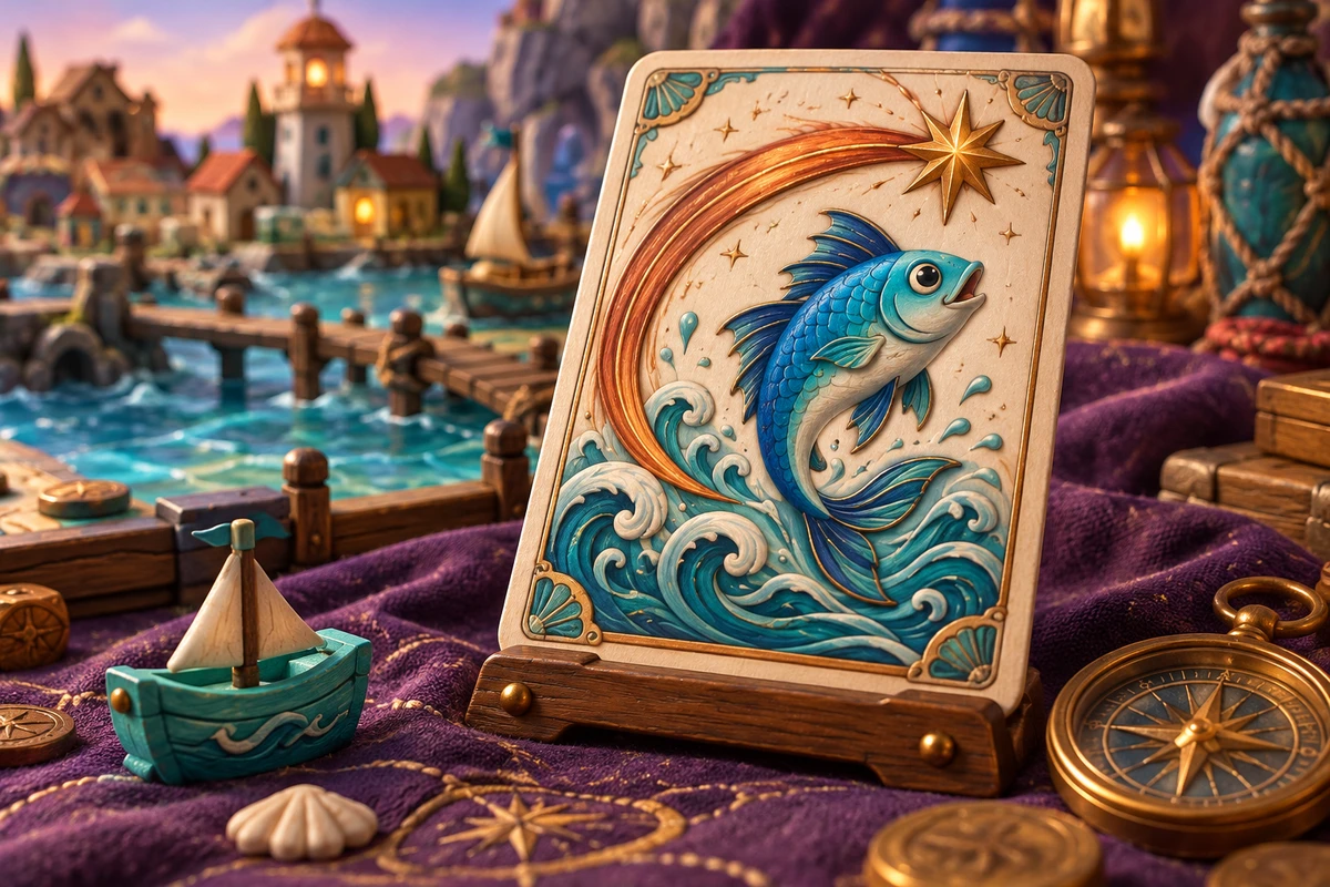 Illustrated fish card framed by a copper comet with a small boat in front