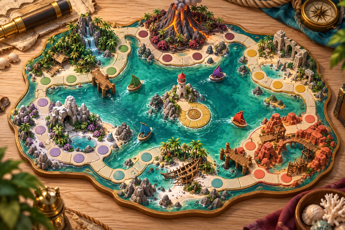 Overhead view of a colourful nautical route board divided among miniature islands