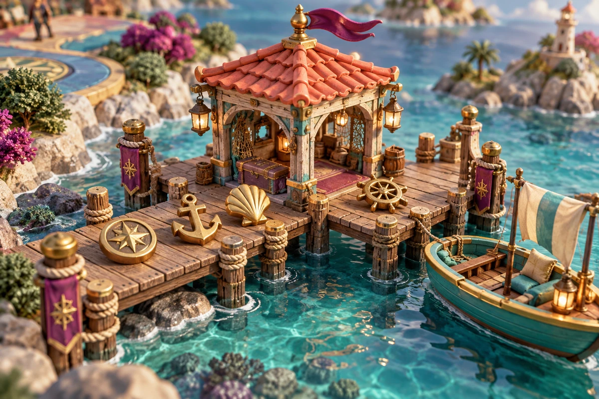 Turquoise miniature harbour dock with a tiled pavilion and four displayed action tokens