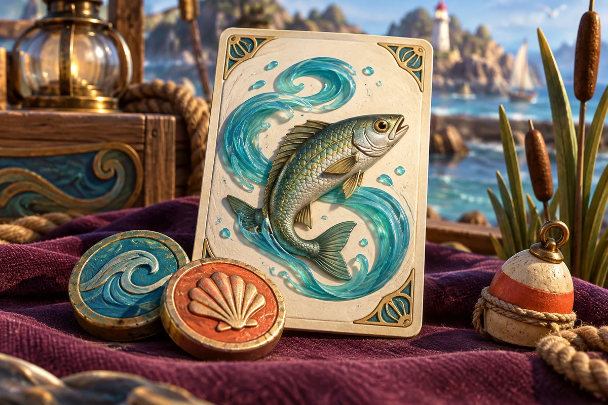 Silver fish card with a turquoise current motif and a shell-shaped token