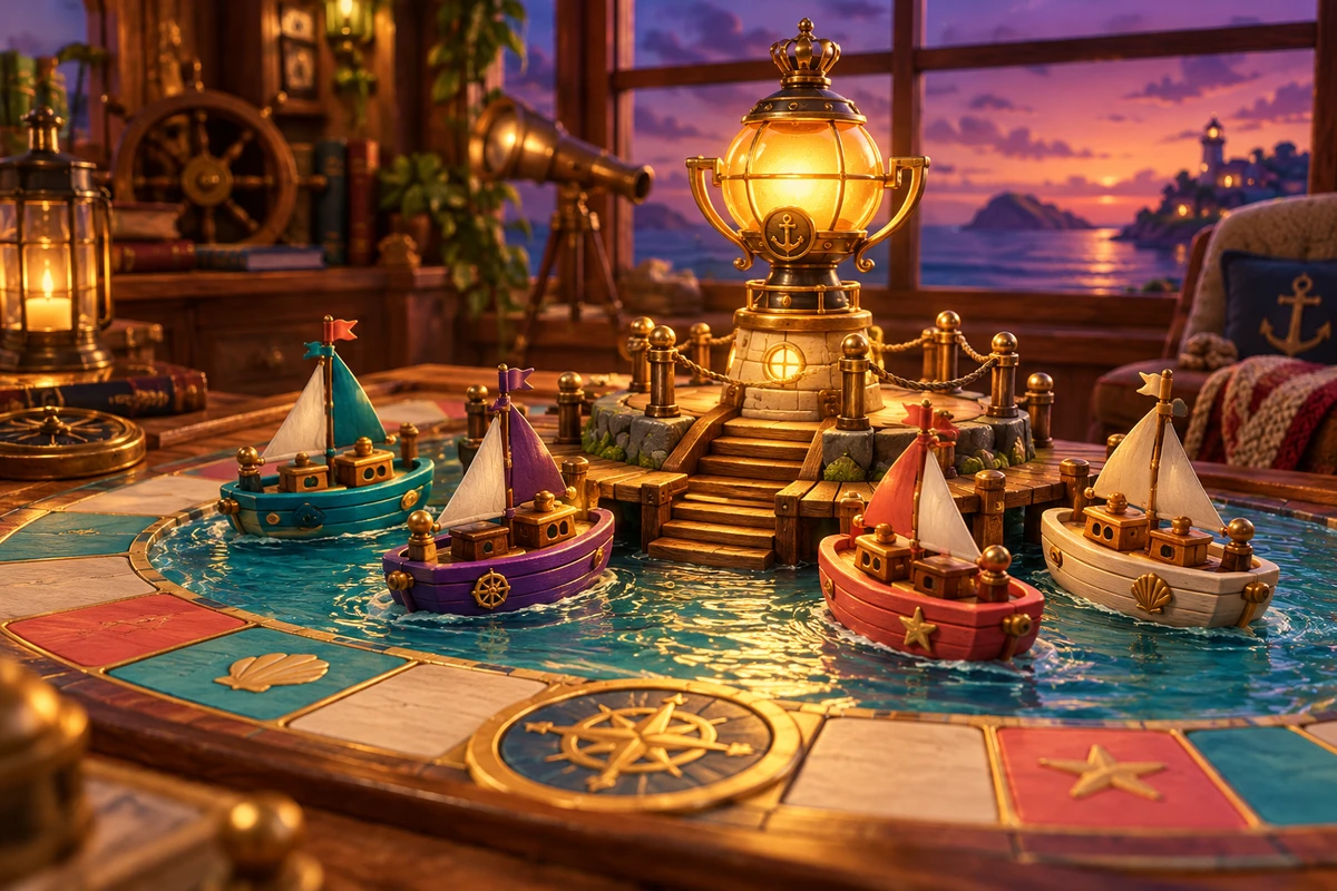 Amber trophy lamp glowing beside miniature boats in a harbour clubhouse at dusk