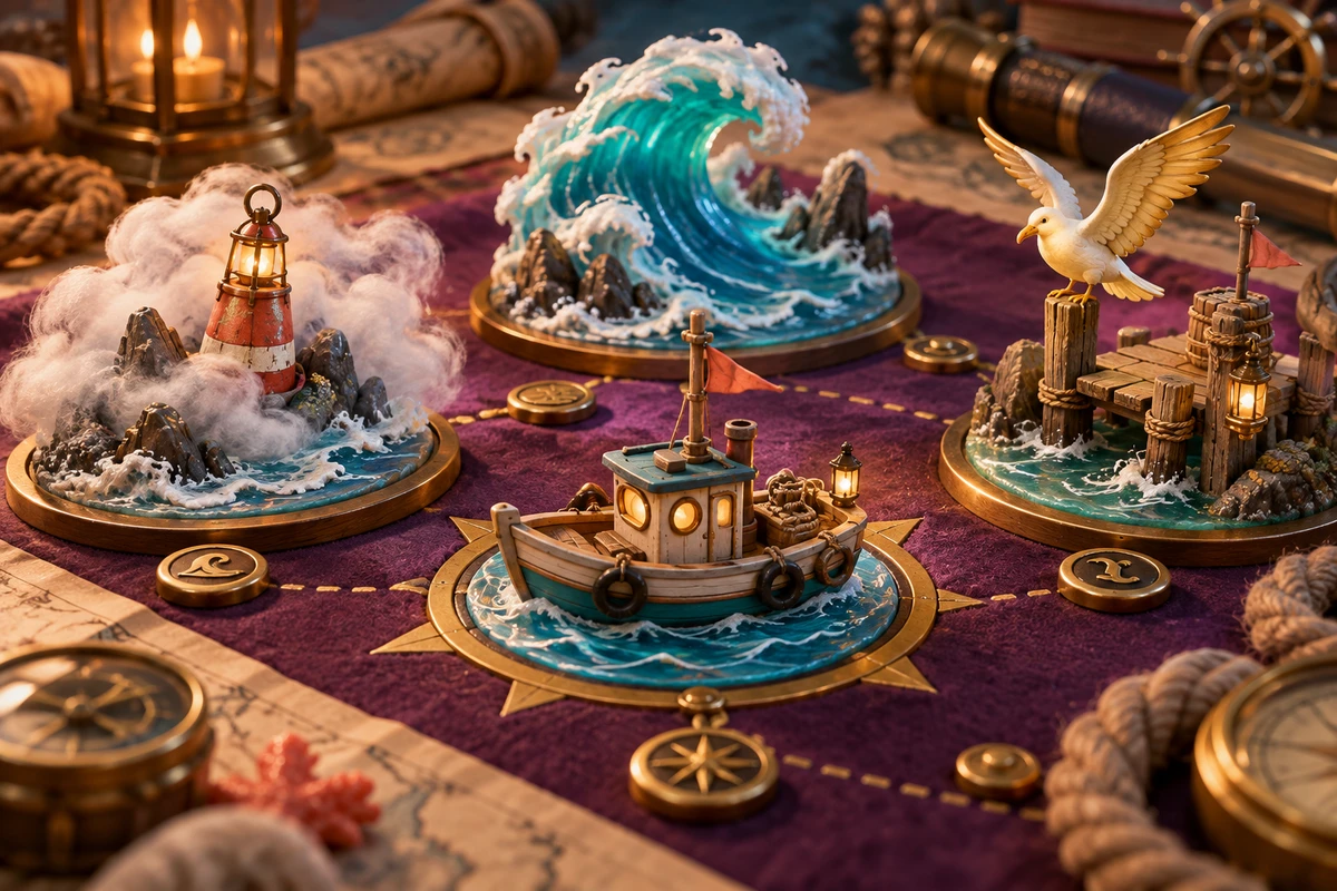 Three sculpted event displays featuring fog, a curling wave and a gull
