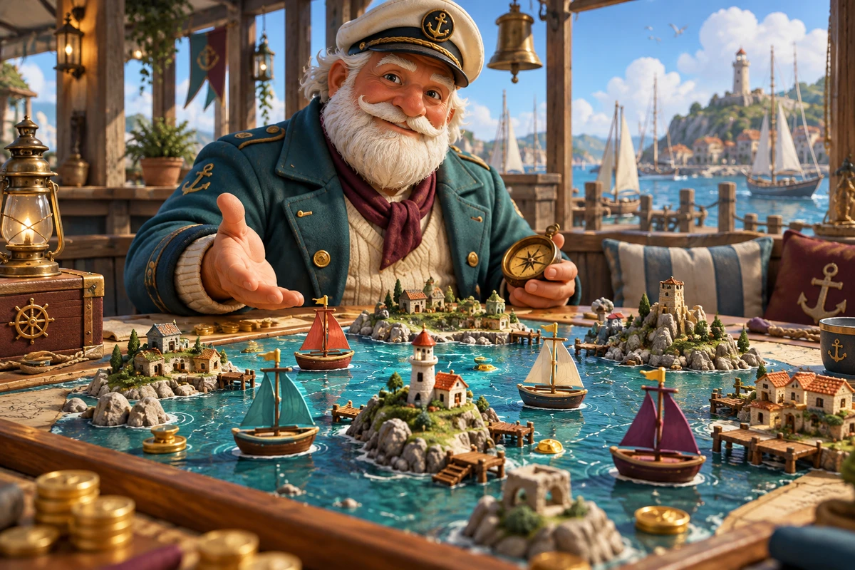 Smiling sea captain examining a miniature harbour board on an open-air clubhouse table